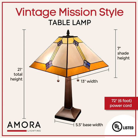 Vintage Tiffany Style Table Lamp With Geometric Mission Shade, 21 Inch Tall, White And Brown Stained Glass, Nightstand Light