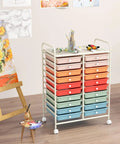 20-Drawer Rolling Storage Cart With Removable Drawers And Lockable Wheels in macaron color finish next to art supplies