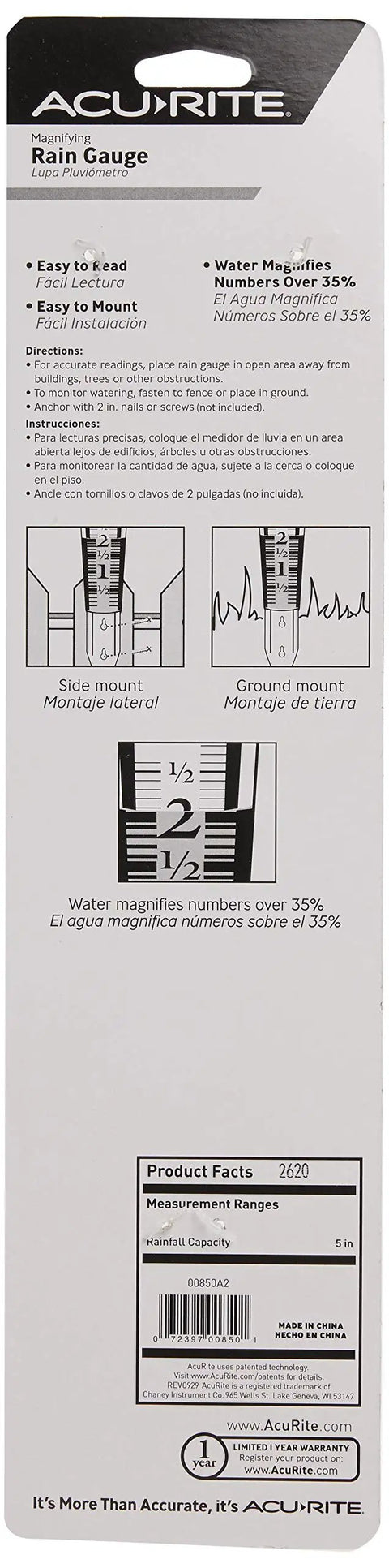 Packaging of 5 Inch Capacity Magnifying Rain Gauge With Easy To Read White Numbers, Acrylic Weather-Resistant Build, instructions visible.