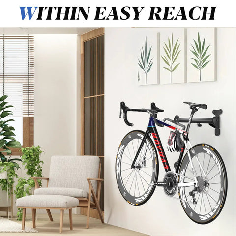 Bike Wall Mount Hanger Adjustable 2 Pack Space Saving Horizontal Bicycle Rack in living room with bike displayed