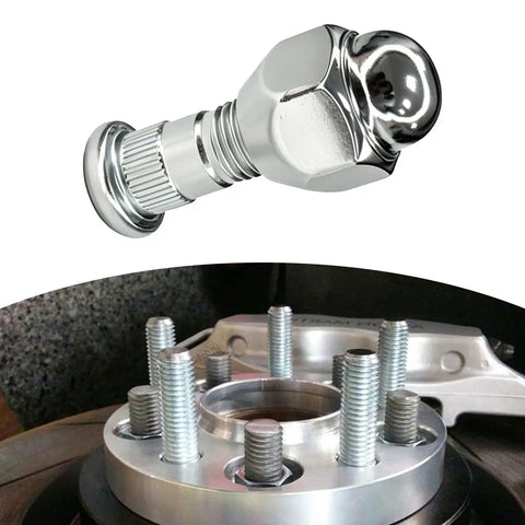 Heavy Duty 8 Piece M12x1.25 Wheel Studs And Lug Nuts Set Chrome Finish For Subaru Crosstrek WRX BRZ Forester Outback Legacy Ascent And Scion Fr-S OEM Replacement Kit showing chrome wheel stud and nut