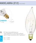 Pack Of 12 40W Clear E12 Flame Tip Dimmable Candelabra Base Chandelier Bulbs, 120V glass bulb with dimensions and details