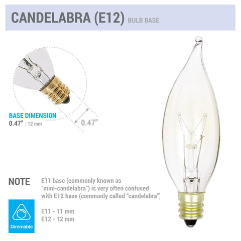 Pack Of 12 40W Clear E12 Flame Tip Dimmable Candelabra Base Chandelier Bulbs, 120V glass bulb with dimensions and details