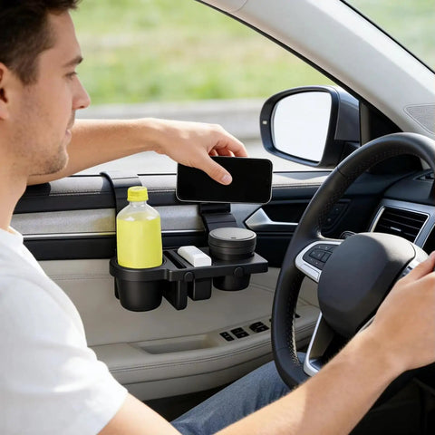 Boss Grade Rattle Free Cup Holder For Tesla Cybertruck And Rock Solid Engineered Abs Mount attached in car holding a drink and phone.