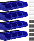 Wall Mounted Plastic Storage Bins Set With 16 Bins And 4 Rails For Screws Nuts Bolts Nails And Small Hardware In A Garage Tool Organizer Durable Stackable And Rust Proof Blue, shown installed with screws and anchors.