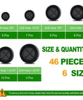 46-Piece Rubber Grommet Kit For Wiring, size chart for drill holes 5/8in to 1-6/16in, black firewall grommets