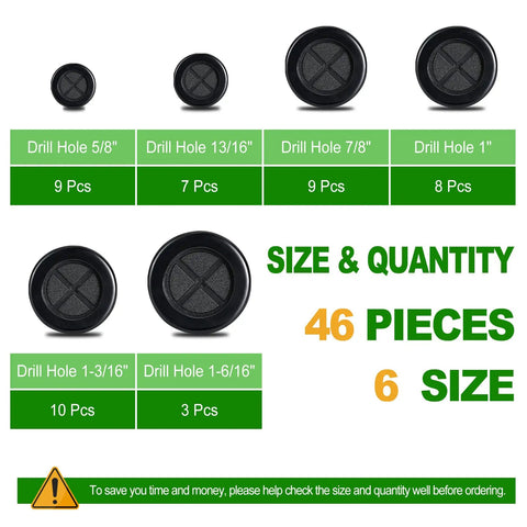 46-Piece Rubber Grommet Kit For Wiring, size chart for drill holes 5/8in to 1-6/16in, black firewall grommets