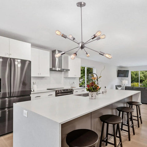 23.6 Inch Sputnik Chandelier With Brushed Nickel 8 Light Ceiling Fixture Adjustable Height Hanging Light in modern kitchen