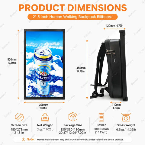 Portable Wearable Ad Backpack Packs 21.5 Inch Full HD LCD Screen With Built In Wifi Connectivity, dimensions and details of the product.