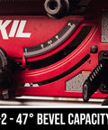 Solid 15 Amp 10 Inch Table Saw Featuring Kickass Precision Cuts And Rack And Pinion Fence Rails For Dead On Accuracy Plus Foldaway Legs For Total Ease And No Sweat Storage On Any Job Site displaying 47 degree bevel capacity indicator.
