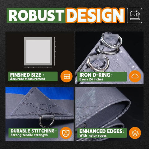 Heavy Duty Waterproof Tarp 16x20 Feet With 14 Mil Thickness, reinforced edges with metal grommets and durable stitching