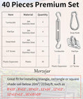 Diagram of DIY Friendly Heavy Duty Sun Shade Sail Hardware Kit in 304 Stainless Steel with parts list and images.