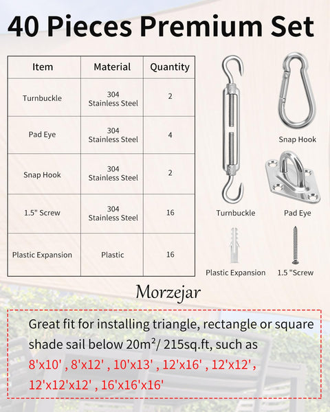 Diagram of DIY Friendly Heavy Duty Sun Shade Sail Hardware Kit in 304 Stainless Steel with parts list and images.