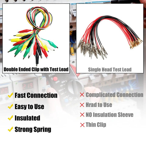 Dual-ended alligator clips and single head test lead comparison with bullet points, 10 Piece Premium Electrical Crocodile Alligator Clip Test Lead Kit