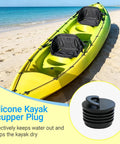 Kayak on beach with insert showing Large 8 Pack Kayak Scupper Plugs Kit With Silicone Handle, Waterproof And Leakproof Drain Hole Stopper