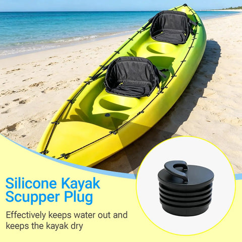 Kayak on beach with insert showing Large 8 Pack Kayak Scupper Plugs Kit With Silicone Handle, Waterproof And Leakproof Drain Hole Stopper