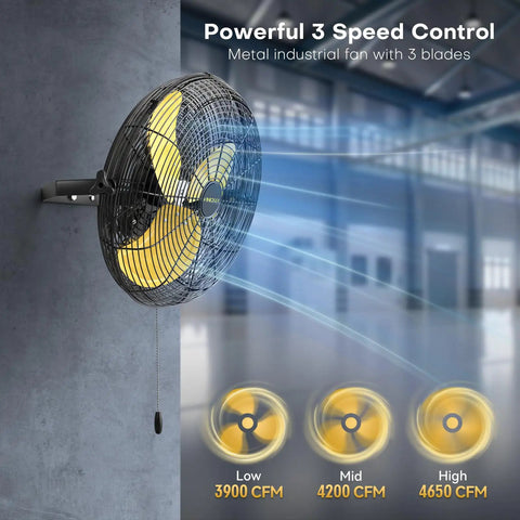 Heavy Duty 18 Inch Industrial Wall Fan With 4800 CFM Airflow, Metal Wall Mount, 3-speed settings shown, powerful motor demonstration