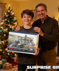 Father and son holding Brushless RC Plane With Camera And Built In Screen box, surrounded by Christmas decorations.