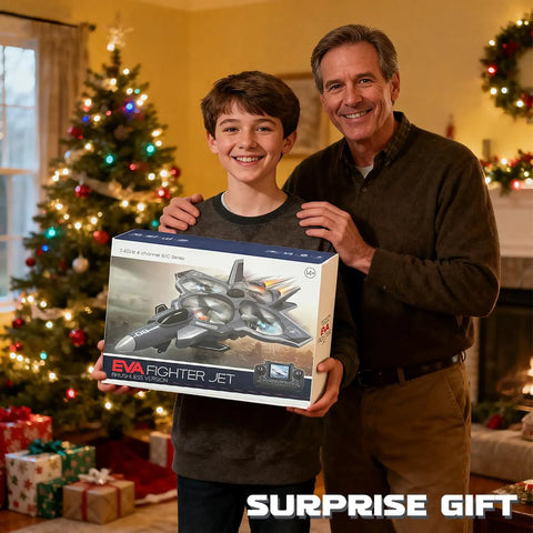 Father and son holding Brushless RC Plane With Camera And Built In Screen box, surrounded by Christmas decorations.
