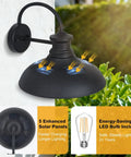 Gooseneck Solar Barn Light 12 Inch Black Outdoor Wall Mount Set, Dusk To Dawn Waterproof Porch Garage Patio Lighting, Solar Powered, 2 Pack For Easy Backyard Illumination, shown installed with visible solar panels and LED bulb.