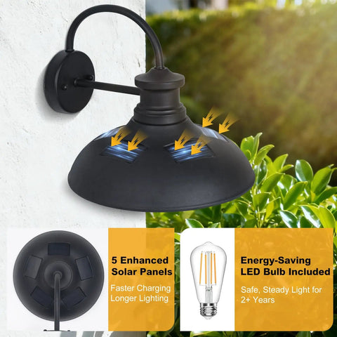 Gooseneck Solar Barn Light 12 Inch Black Outdoor Wall Mount Set, Dusk To Dawn Waterproof Porch Garage Patio Lighting, Solar Powered, 2 Pack For Easy Backyard Illumination, shown installed with visible solar panels and LED bulb.