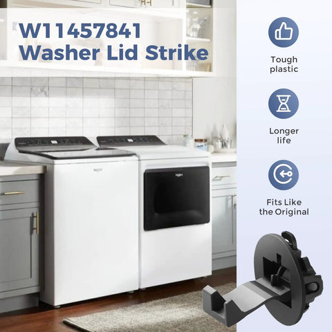 Washer Lid Strike Replacement That Fits Maytag And Whirlpool Washers, durable part shown in home laundry setting.
