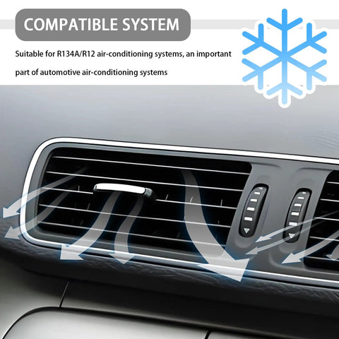 Seventeen Piece Car Air Conditioning Valve Core Tool Kit Portable Set With Cores, Ports, And Caps For R134A And R12 Systems, Easy Grip Valve Stem Core Tools To Boost Cooling Capacity, Pro Auto AC Maintenance Gear, dashboard compatibility showcase with air flow graphic for R134A/R12 system usage.