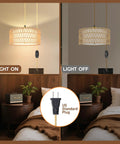 Straight Up Chic 13 Inch Gold Plug In Pendant Light With Super Smooth Rotary Dimmer Switch And Major Vibe Boho Rattan Fabric Hanging Lamp showing on and off light.