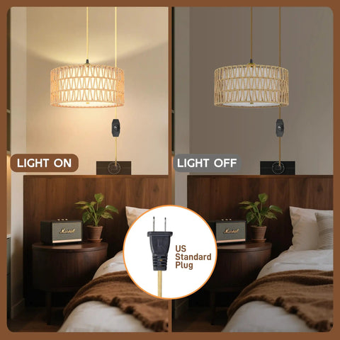Straight Up Chic 13 Inch Gold Plug In Pendant Light With Super Smooth Rotary Dimmer Switch And Major Vibe Boho Rattan Fabric Hanging Lamp showing on and off light.