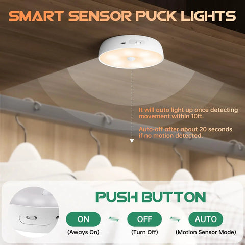 Six Pack Warm White Motion Sensor LED Puck Lights with USB Rechargeable Battery showing operation in closet space.