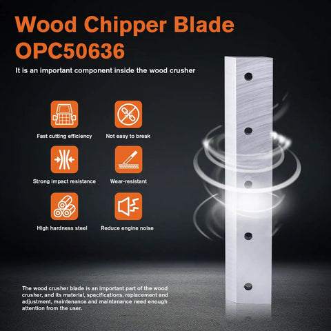 Wood chipper blade OPC50636 with 5 holes, high strength steel, impact resistance, important for wood crusher efficiency.