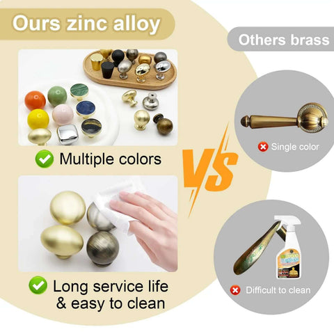 Comparison of colorful zinc alloy knobs versus single color brass, highlighting easy cleaning and longevity.