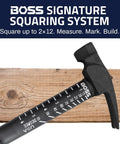 18 Oz Premium 4340 Steel Rip Claw Hammer With Shock Absorbing Poly Fiberglass Handle showcasing Boss Signature Squaring System.