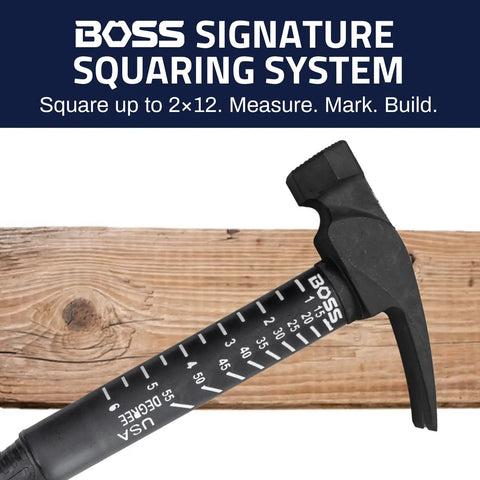 18 Oz Premium 4340 Steel Rip Claw Hammer With Shock Absorbing Poly Fiberglass Handle showcasing Boss Signature Squaring System.