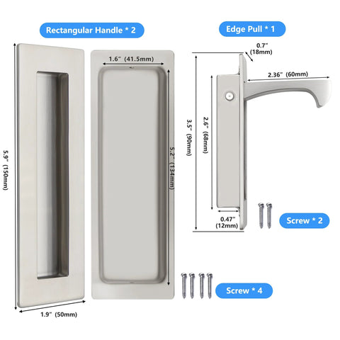 Sliding Pocket Door Handles 304 Stainless Steel Non Locking Pocket Door Hardware Recessed Flush Finger Pulls with dimensions