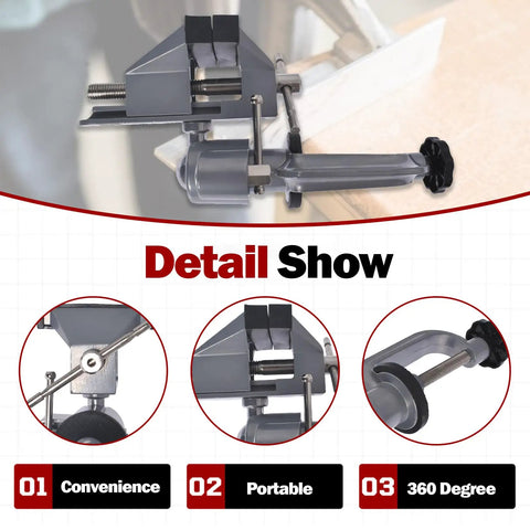 Detail view of a 3 Inch Aluminum Swivel Table Vise With 360 Degree Rotation And 45 Degree Tilt, highlighting convenience, portability, and 360-degree feature.