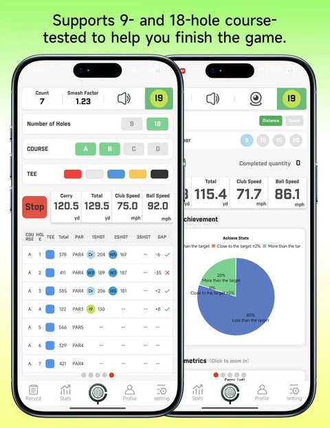 Portable Golf Launch Monitor And Home Simulator for Swing Analysis app interface on smartphone, showing statistical data display