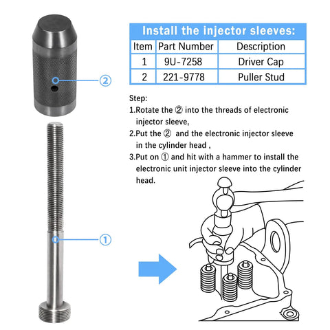 Injector Sleeve Cup Remover And Installer Tool Set for C10 C12 C15 C16 C18 and 3406E Diesel Engines, showing driver cap and puller stud