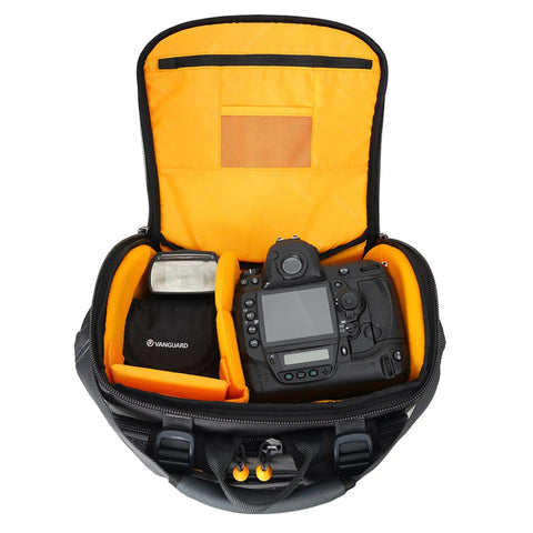 Open Alta Sky 62 Camera Backpack showing DSLR, compartments and bright interior, for 200-600mm telephoto on DSLR or full frame mirrorless.