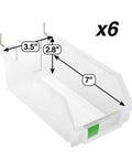 Extra Large Clear Pegboard Bins 6 Pack With Hooks For Any Peg Board, shown in clear plastic with dimensions 7 x 3.5 x 2.8 inches.
