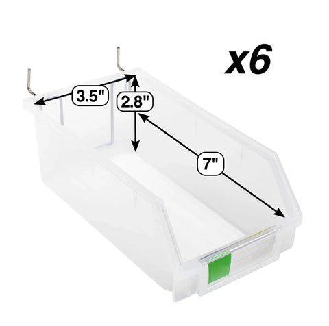 Extra Large Clear Pegboard Bins 6 Pack With Hooks For Any Peg Board, shown in clear plastic with dimensions 7 x 3.5 x 2.8 inches.