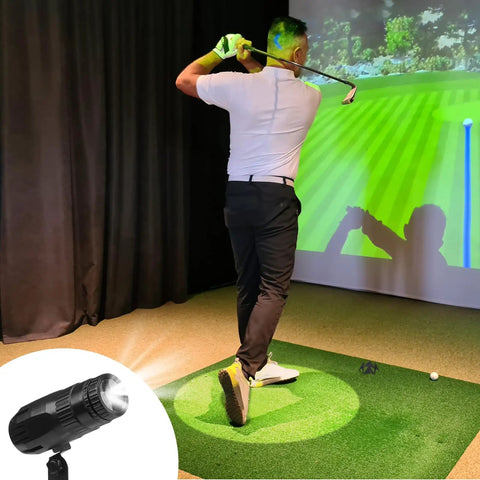 Indoor Golf Spot Light For Simulators And Practice, Adjustable Pin Spotlight With Mirror Ball Effect shown in use with golfer