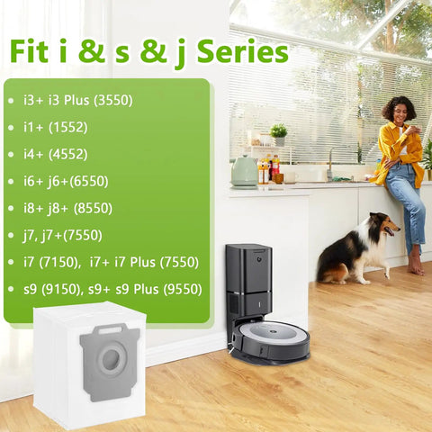 12 Pack Replacement Vacuum Bags For Roomba I Series J And S Series Models Compatible With I1 I1 Plus I3 I3 Plus I4 I4 Plus I6 I7 I7 Plus I8 J6 J7 S9 Plus Easy Install Durable Seal Mess Free Debris Capture packaging and model compatibility list in a modern kitchen setting.