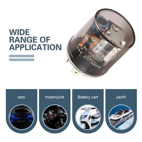 Universal 2 Pin 12Volt Automotive Flasher Relay Featuring Heavy Duty Copper Coils And Bombproof Sealed Housing For Dead Reliable Turn Signal Blinker Swap with range of applications.