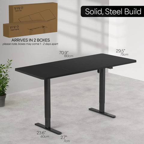 Vivo Black Height Adjustable Standing Desk 71x30 Inch Electric Sit Stand Workstation with solid steel legs and dimensions shown.