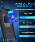 Portable Level 1 And Level 2 Electric Vehicle Charger 40 Amps with LCD screen displaying charge options and settings.