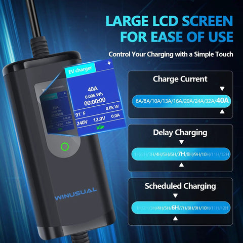 Portable Level 1 And Level 2 Electric Vehicle Charger 40 Amps with LCD screen displaying charge options and settings.