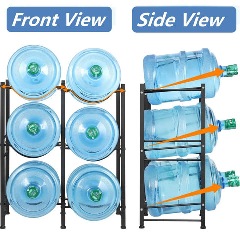 5 Gallon Water Bottle Holder With Three Tiers Black Double Row Built Tough Heavy Duty Jug Rack For Home Kitchen Six Slots Space Saver Keeps Water Jugs Off The Floor And Fits Narrow Corners With Adjustable Feet For Floor Protection, front and side view with jugs