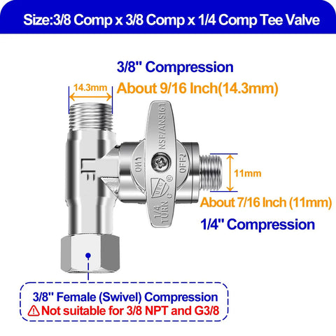 Brass Add A Tee Valve With 3/8 Comp Inlet And 3/8 Comp X 1/4 Comp Outlets For Refrigerator Ice Maker And RO Water Filters diagram