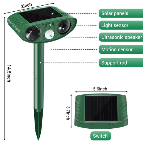 Two Pack Solar Ultrasonic Cat Deterrent With PIR Motion Sensor Waterproof Outdoor Animal Repeller For Garden And Yard That Keeps Cats, Dogs, Skunks, Raccoons, Birds And Squirrels Away, with stake and panel view